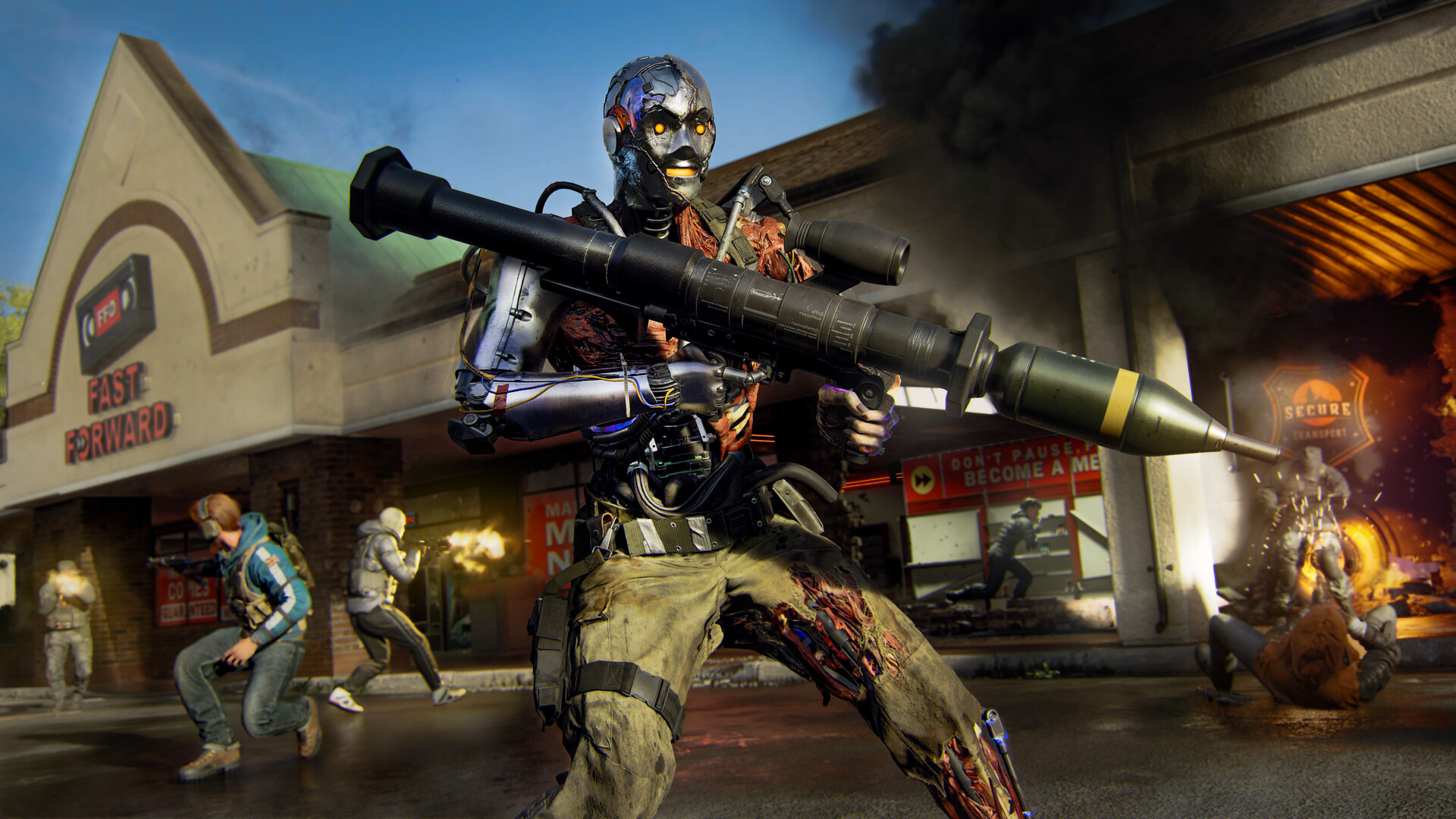 使命召唤21:黑色行动6/Call of Duty: Black Ops 6配图 一名机器人特遣队员在战斗中手持发射器。