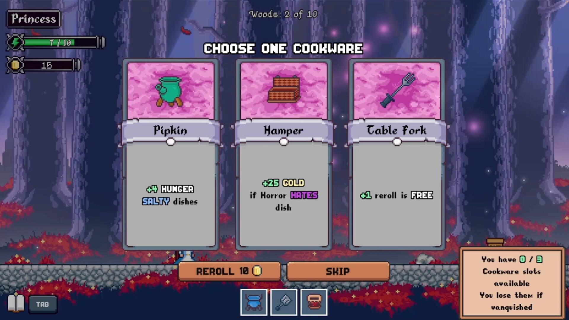 The Princess in Hungry Horrors stands in a forest as players choose one of three cookware upgrades: Pipkin, Hamper, or Table Fork, each offering unique gameplay bonuses like boosting salty dishes or earning gold.