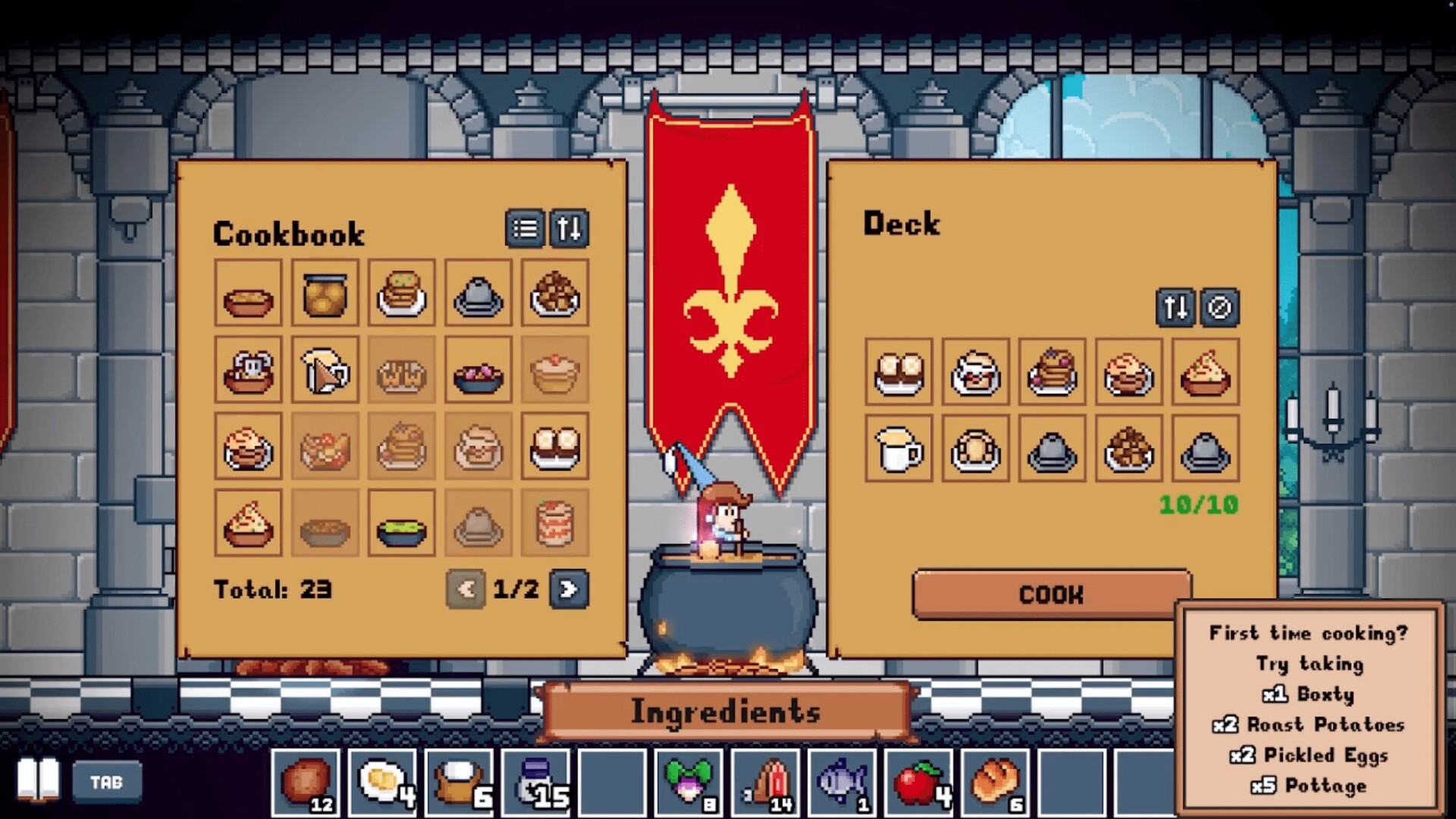 The Princess stands by a bubbling cauldron inside a castle kitchen in Hungry Horrors, selecting dishes from her cookbook to add to her deck, surrounded by pixel art ingredients and a red banner with a golden fleur-de-lis.