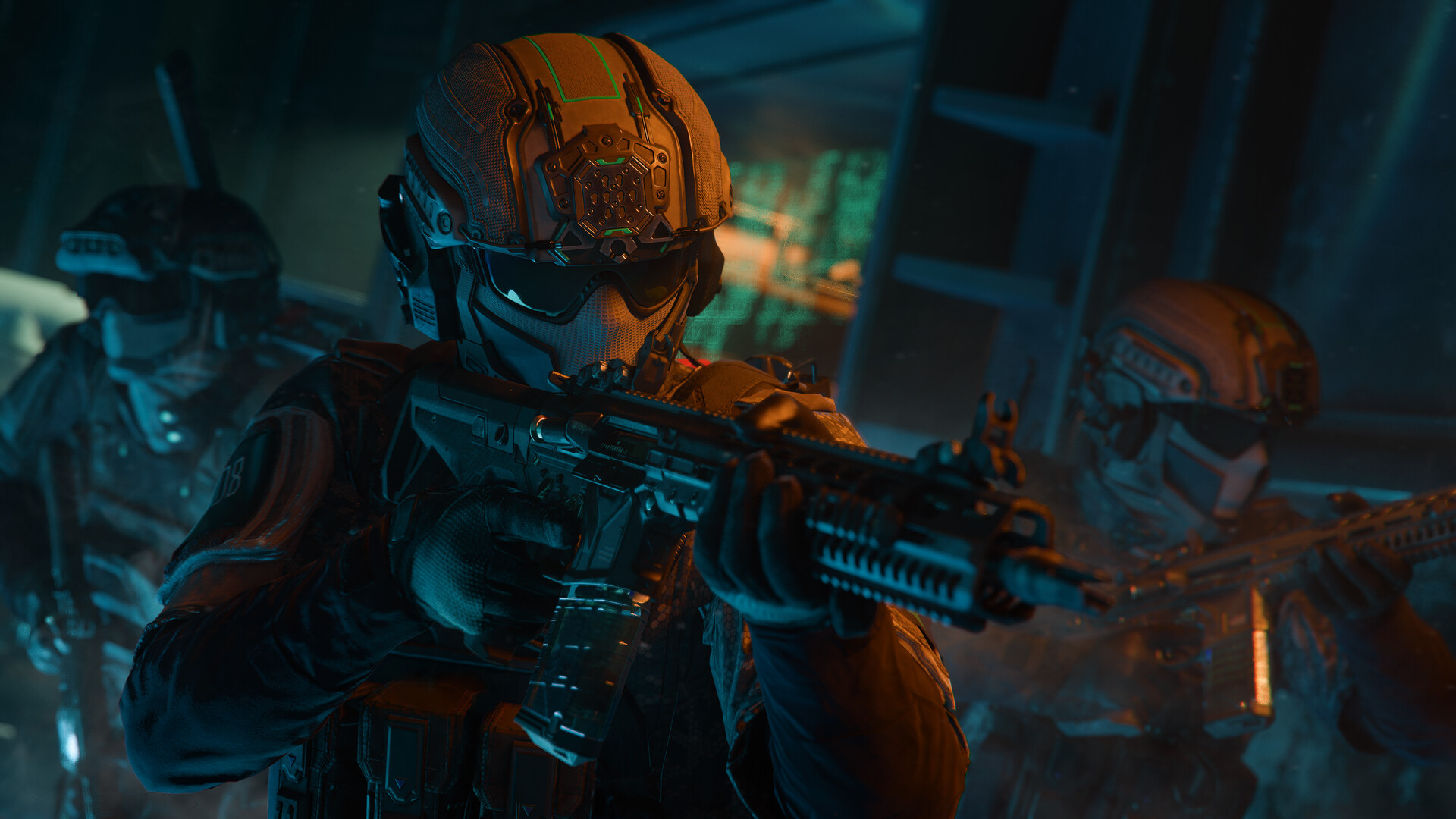 使命召唤22:黑色行动7|Call of Duty: Black Ops 7|官方中文|支持手柄|容量137.98G插图2咸鱼单机官网 三个身穿战术型装备、戴着面具、持有武器的角色在昏暗的区域前进,准备与敌人交战。