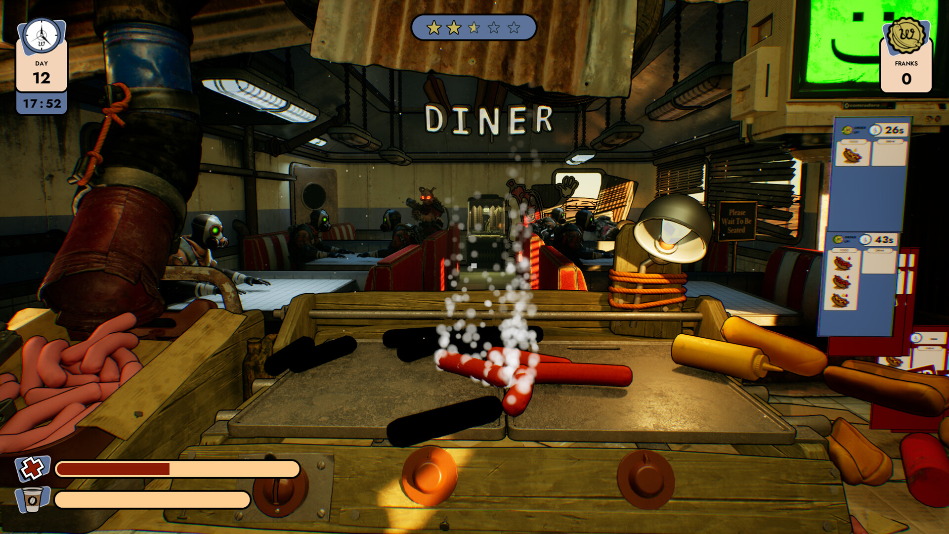 Hotdogs sizzling on a stove overlooking a diner with piles of buns and hotdogs either side. 