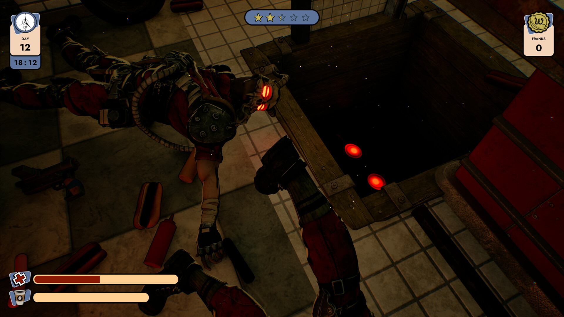 Raider bodies on the floor being dragged into the monster bin by the leg.