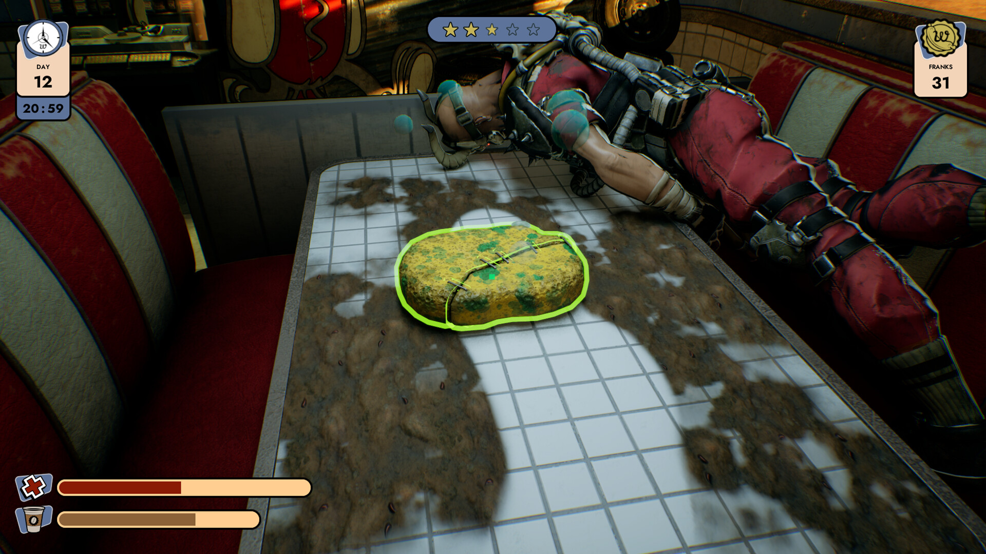 A sponge that has cleaned a line of a dirty dinner table with bubbles floating above it and a raider body in the background ready to be taken to the trash.