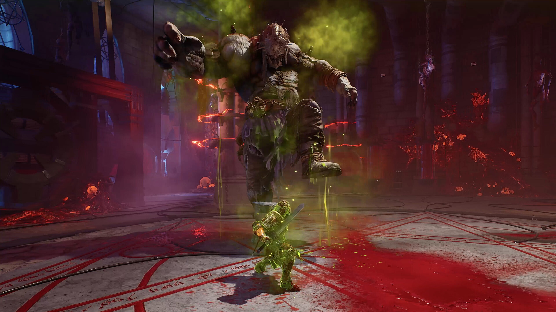 A boss battle is taking place, with a gigantic, foul creature looming above a struggling knight in a vast, blood-smeared chamber. Repugnant green gas is emanating from the giant and cloaking the knight, doing damage.