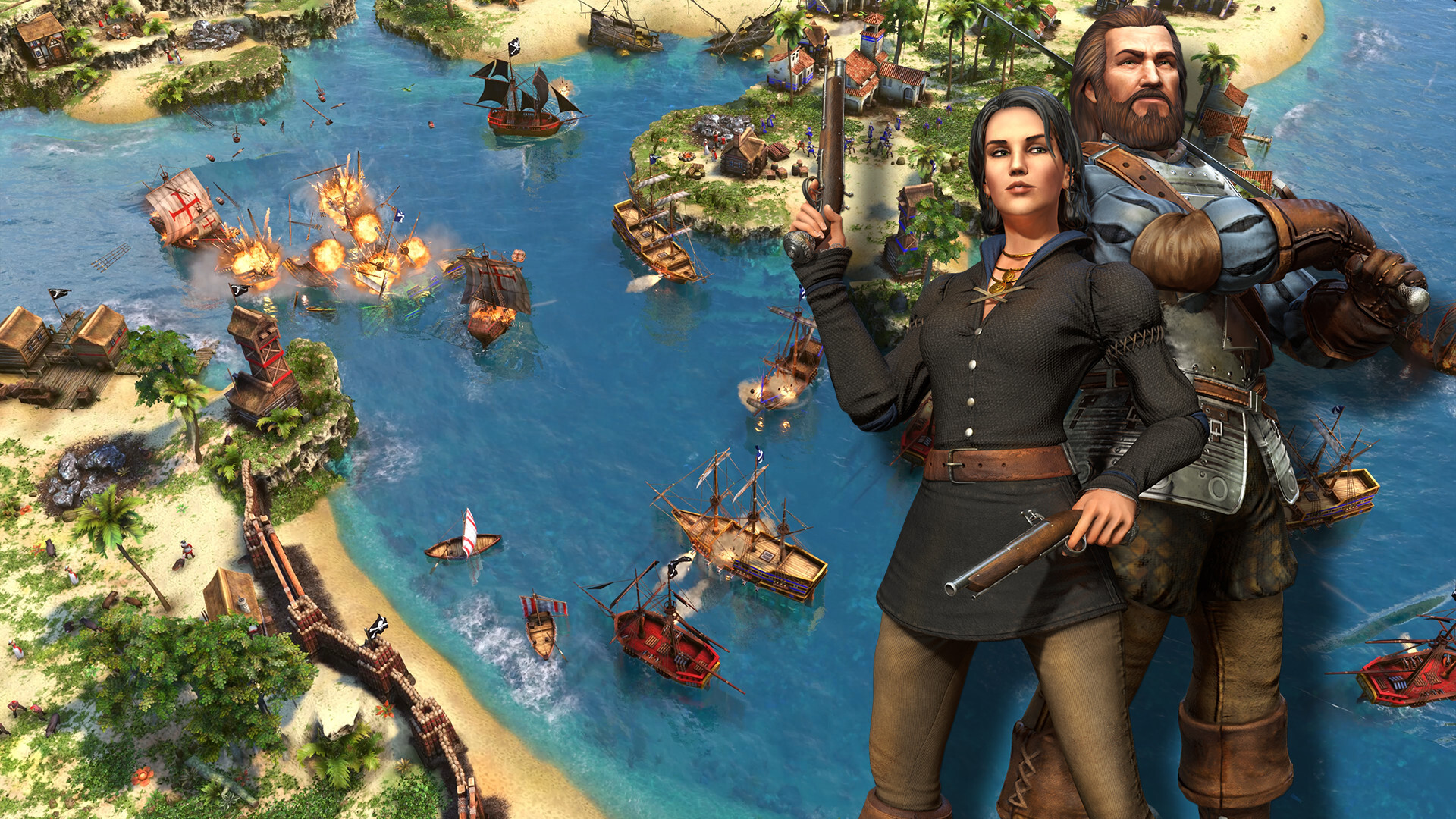 A top-down in-game screenshot from Age of Empires III: Definitive Edition. A large ship battle is happening between two large stretches of land. On the left landmass is a red-trimmed civilization and on the right is a blue-trimmed civilization. Several ships are on fire between red-trimmed ships and ships flying the skull and crossbones. Over the right of the image stand two characters: Elisabet Ramsey and Morgan Black. Elisabet has a pistol in each hand, wears a black tunic with a brown belt, brown pants, and has shoulder-length black hair. Morgan has shoulder length brown hair and a full brown beard. He also wears a metal breastplate and thick brown leather gloves while holding a longsword in his hands.