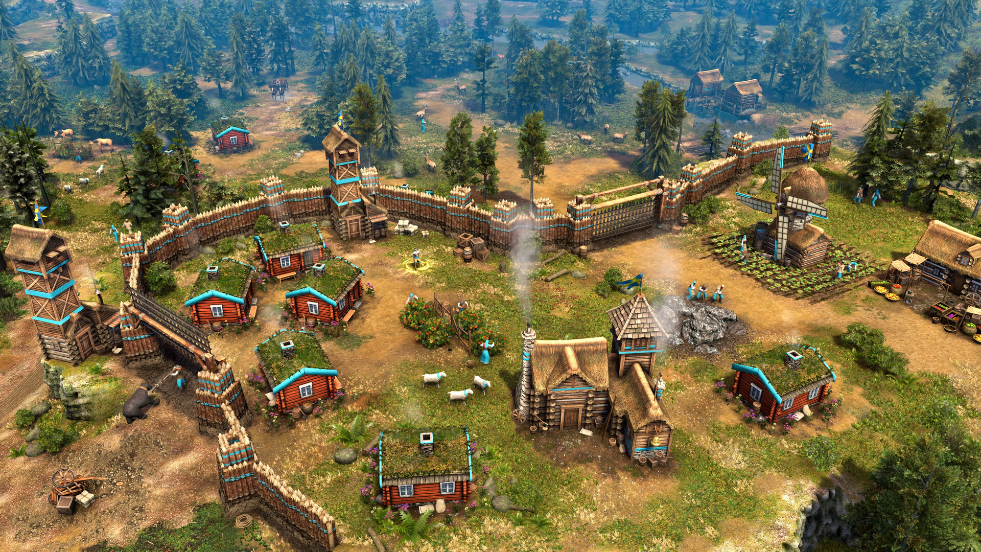 An in-game scene of a cyan-trimmed civilization out in the wilderness from Age of Empires III: Definitive Edition. There are several houses, a town center, and a mill with farmland around it. To the left of the settlement is a black bear attacking a gunpowder unit. Villagers are gathering stone and food.